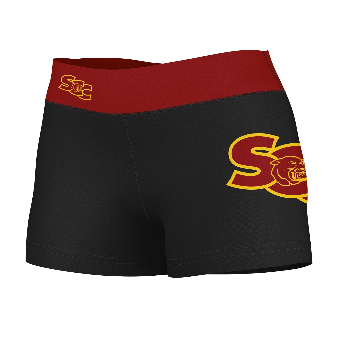 SAC City Panthers Vive La Fete Logo on Thigh & Waistband Black & Maroon Women Yoga Booty Workout Shorts 3.75 Inseam"