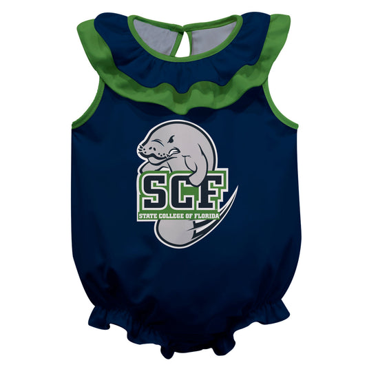 State College of Florida Manatees Blue Sleeveless Ruffle One Piece Jumpsuit Logo Bodysuit by Vive La Fete