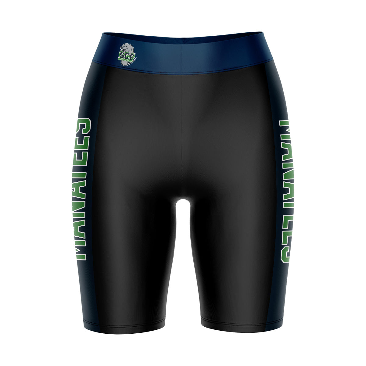 SCF Manatees Vive La Fete Game Day Logo on Waistband and Navy Stripes Black Women Bike Short 9 Inseam"