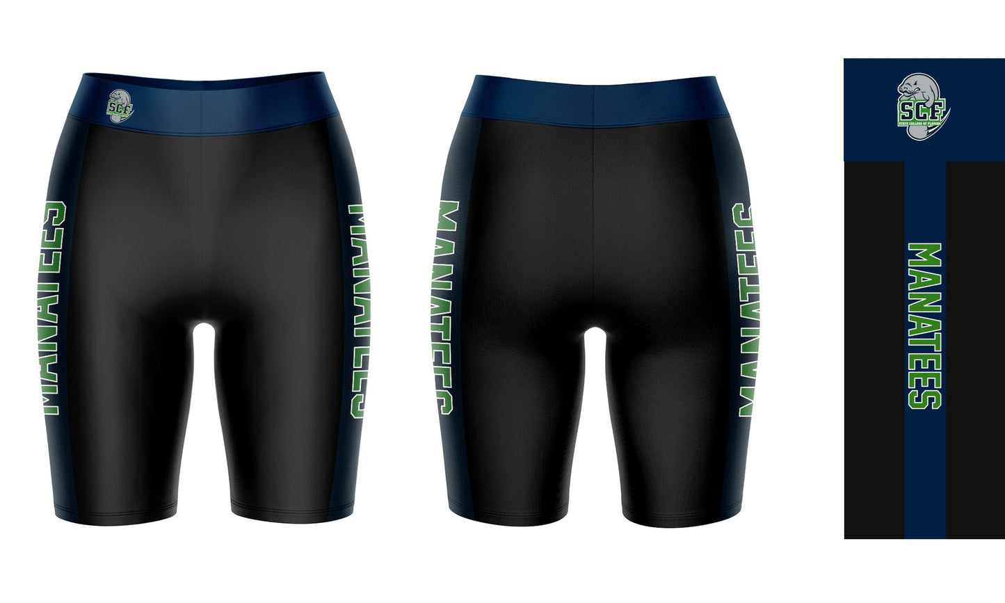 SCF Manatees Vive La Fete Game Day Logo on Waistband and Navy Stripes Black Women Bike Short 9 Inseam"