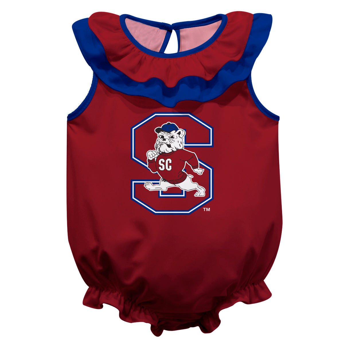 South Carolina State Bulldogs Maroon Sleeveless Ruffle One Piece Jumpsuit Logo Bodysuit by Vive La Fete