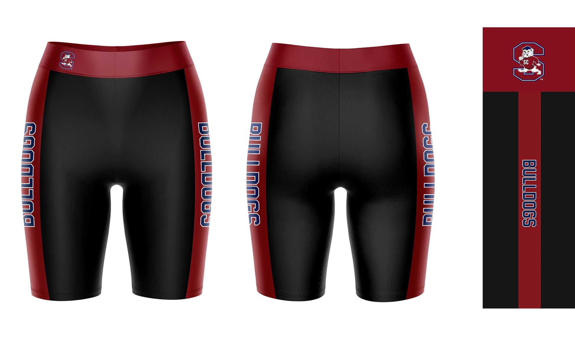 South Carolina State Bulldogs Vive La Fete Game Day Logo on Waistband and Maroon Stripes Black Women Bike Short 9 Inseam