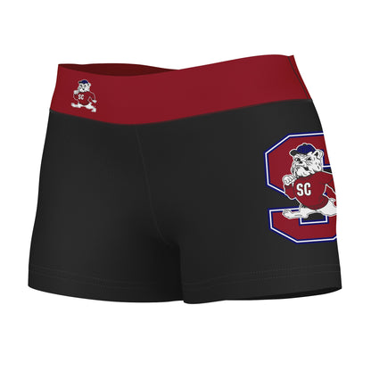 South Carolina State Bulldogs Logo on Thigh & Waistband Black & Red Women Yoga Booty Workout Shorts 3.75 Inseam