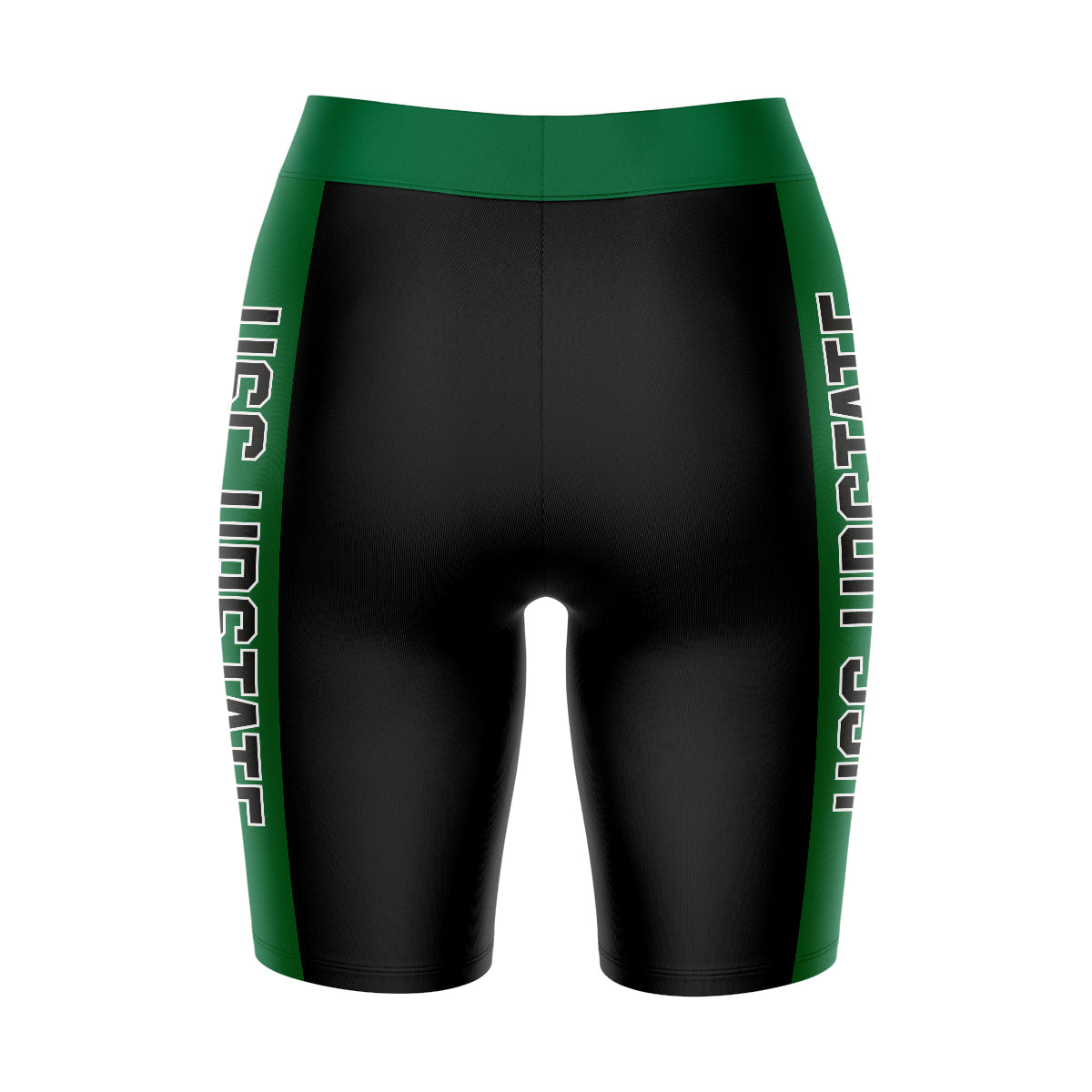 USC Upstate Spartans Vive La Fete Game Day Logo on Waistband and Green Stripes Black Women Bike Short 9 Inseam