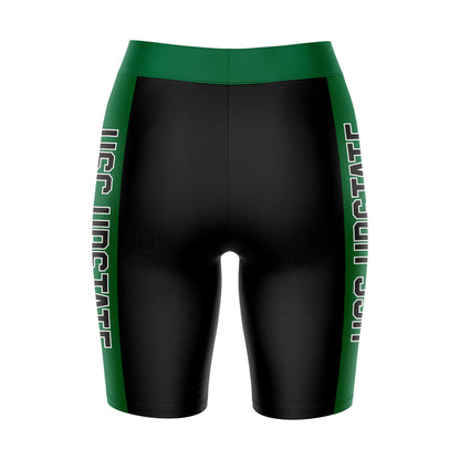 USC Upstate Spartans Vive La Fete Game Day Logo on Waistband and Green Stripes Black Women Bike Short 9 Inseam