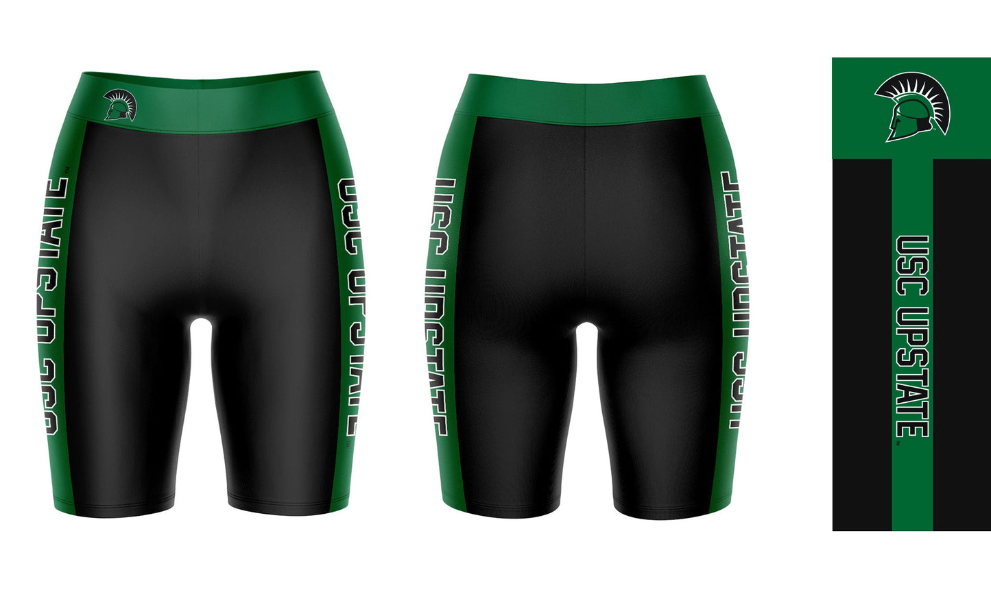 USC Upstate Spartans Vive La Fete Game Day Logo on Waistband and Green Stripes Black Women Bike Short 9 Inseam