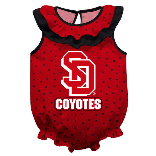 South Dakota Coyotes Swirls Red Sleeveless Ruffle One Piece Jumpsuit Logo Bodysuit by Vive La Fete