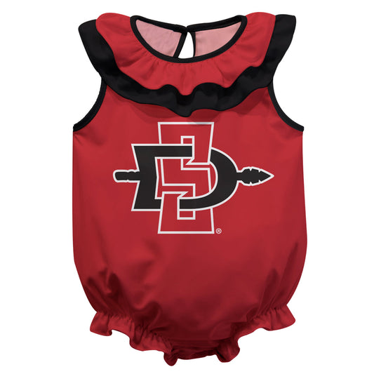 San Diego State University Aztecs SDSU Red Sleeveless Ruffle One Piece Jumpsuit Logo Bodysuit by Vive La Fete