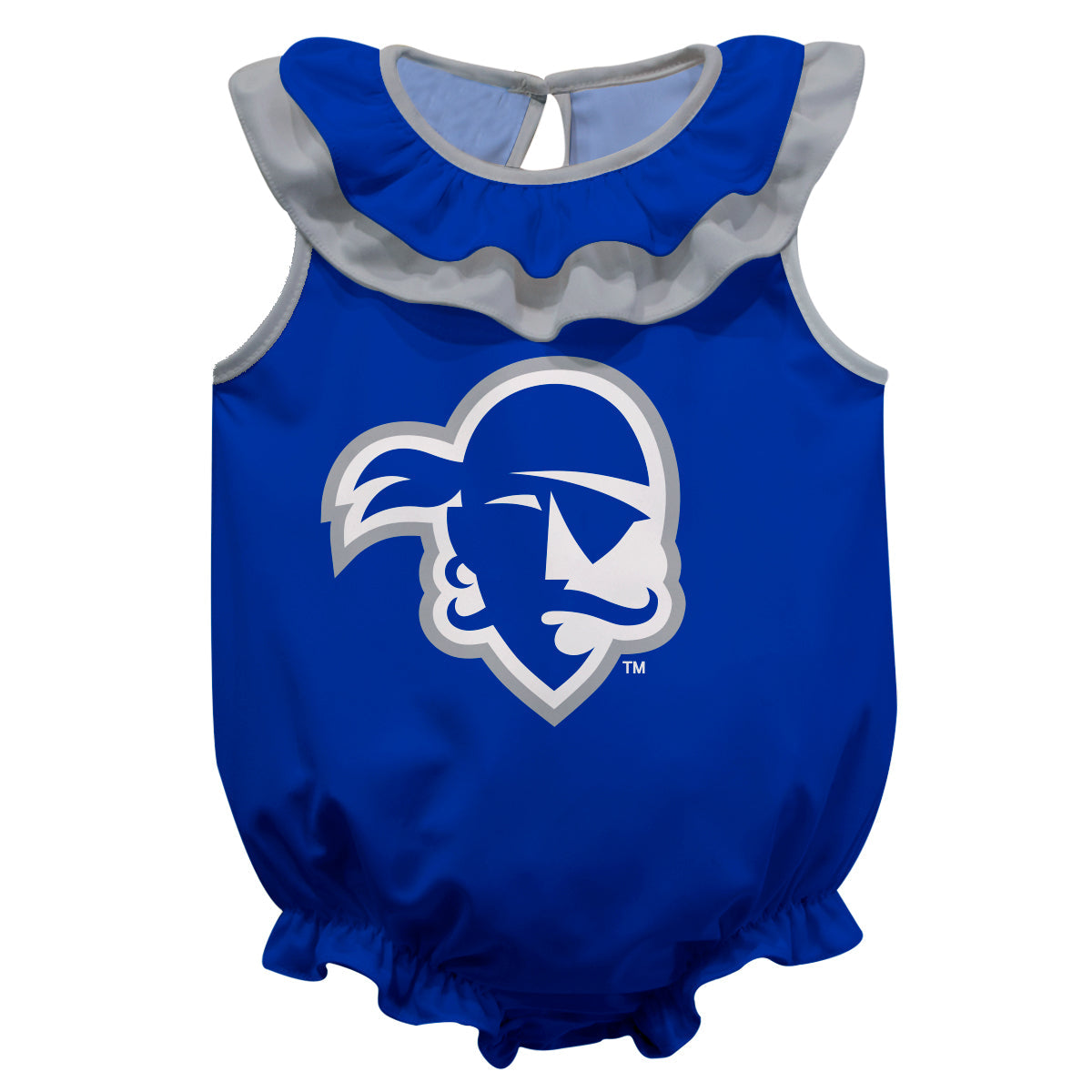 Seton Hall University Pirates Blue Sleeveless Ruffle One Piece Jumpsuit Logo Bodysuit by Vive La Fete