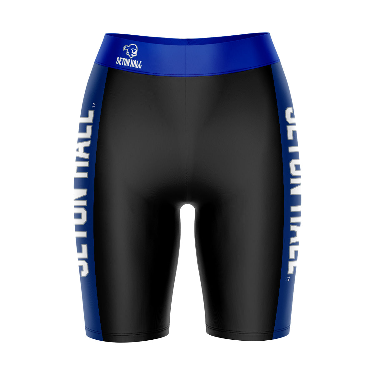 Seton Hall Pirates Vive La Fete Game Day Logo on Waistband and Blue Stripes Black Women Bike Short 9 Inseam"