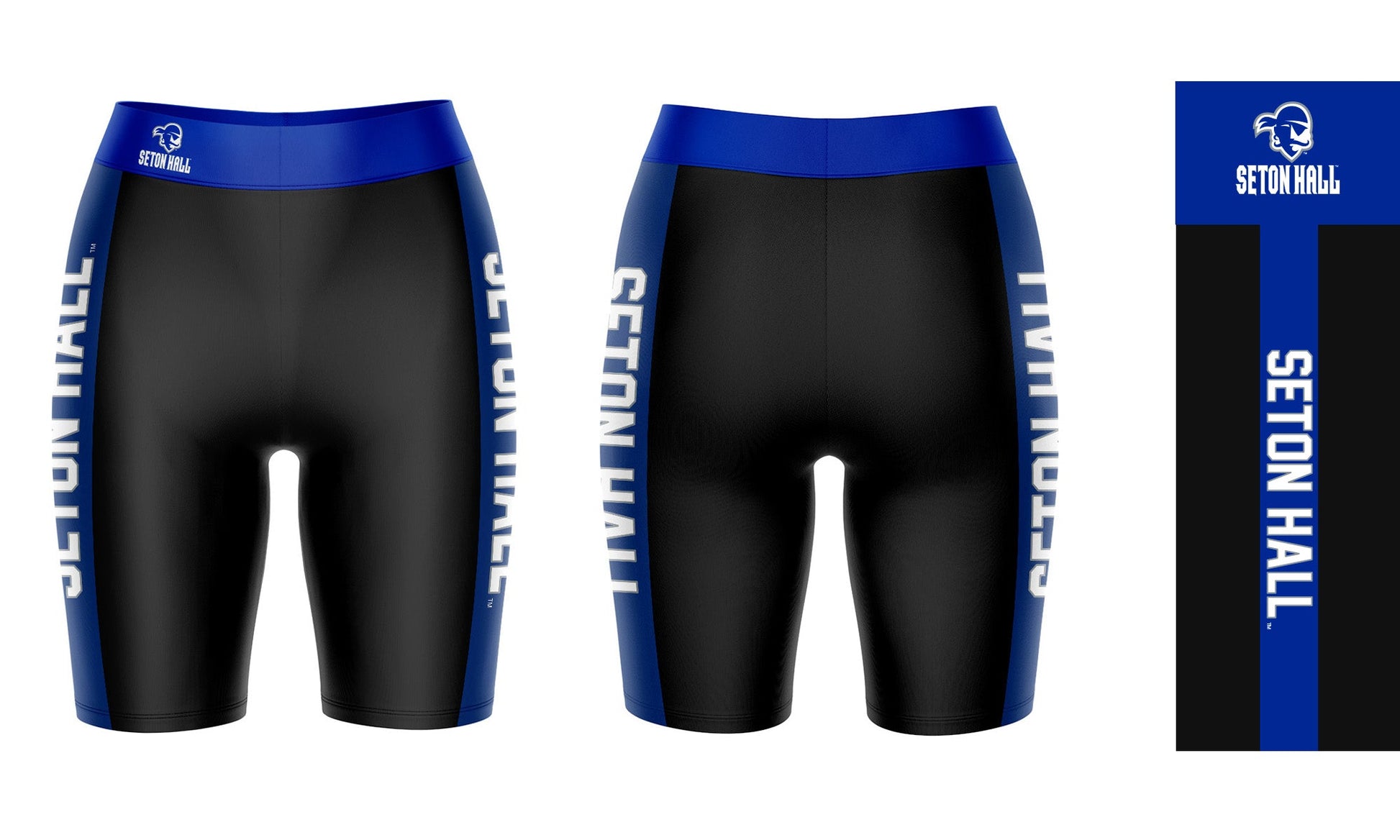 Seton Hall Pirates Vive La Fete Game Day Logo on Waistband and Blue Stripes Black Women Bike Short 9 Inseam"