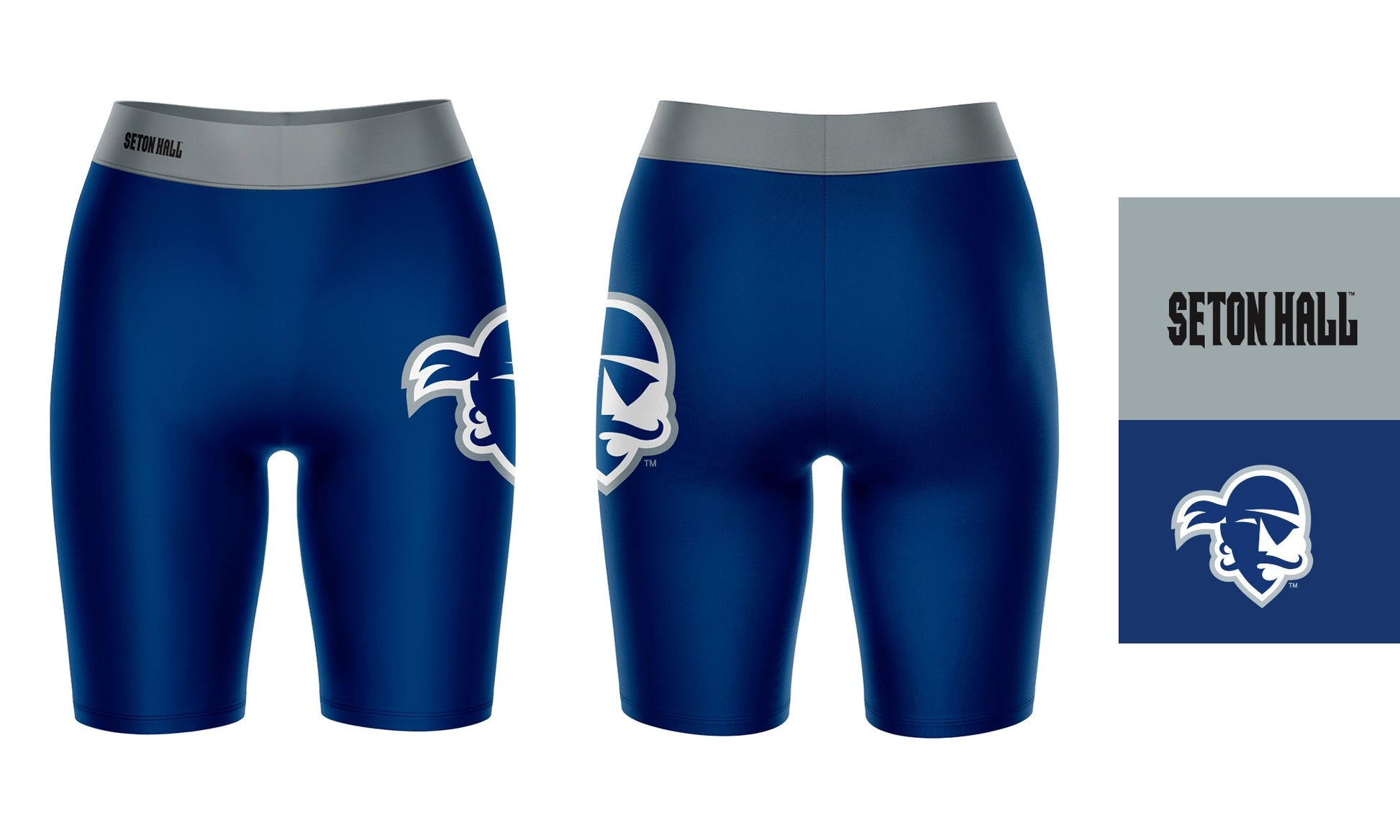 Seton Hall Pirates Vive La Fete Game Day Logo on Thigh and Waistband Blue and Gray Women Bike Short 9 Inseam