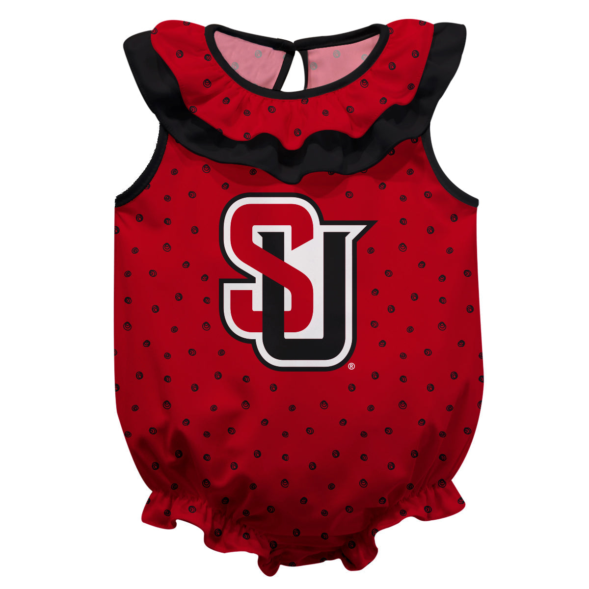 Seattle University Redhawks Swirls Red Sleeveless Ruffle One Piece Jumpsuit Logo Bodysuit by Vive La Fete