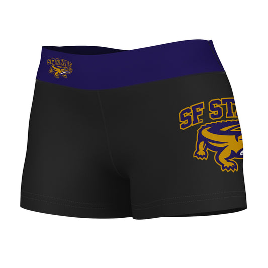 SFSU Gators Vive La Fete Game Day Logo on Thigh & Waistband Black & Purple Women Yoga Booty Workout Shorts 3.75 Inseam"