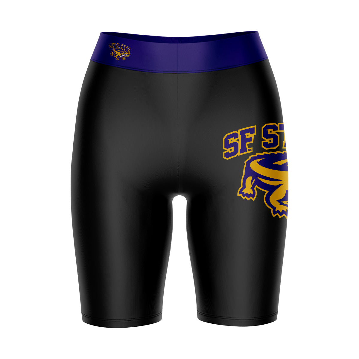 SFSU Gators Vive La Fete Game Day Logo on Thigh and Waistband Black and Purple Women Bike Short 9 Inseam"