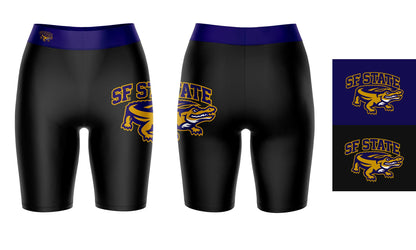 SFSU Gators Vive La Fete Game Day Logo on Thigh and Waistband Black and Purple Women Bike Short 9 Inseam"