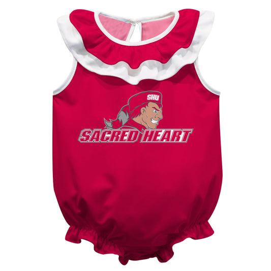 SHU Sacred Heart University Pioneers Red Sleeveless Ruffle One Piece Jumpsuit Logo Bodysuit by Vive La Fete