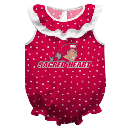 SHU Sacred Heart University Pioneers Swirls Red Sleeveless Ruffle One Piece Jumpsuit Logo Bodysuit by Vive La Fete