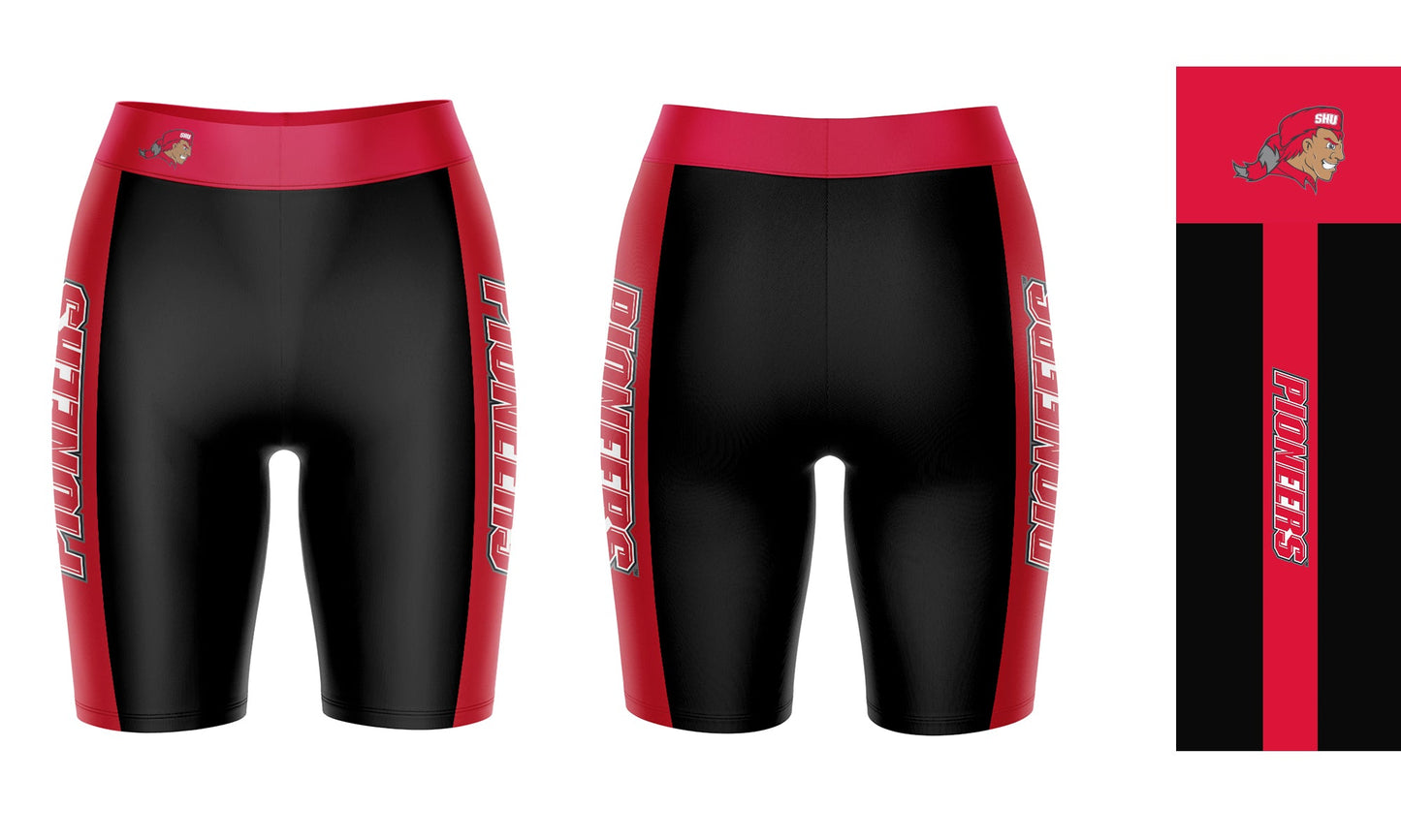 Sacred Heart University Pioneers Vive La Fete Game Day Logo on Waistband and Red Stripes Black Women Bike Short 9 Inseam
