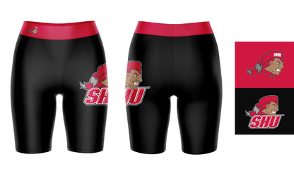 SHU Sacred Heart Pioneers Vive La Fete Game Day Logo on Thigh & Waistband Black and Red Women Bike Short 9 Inseam