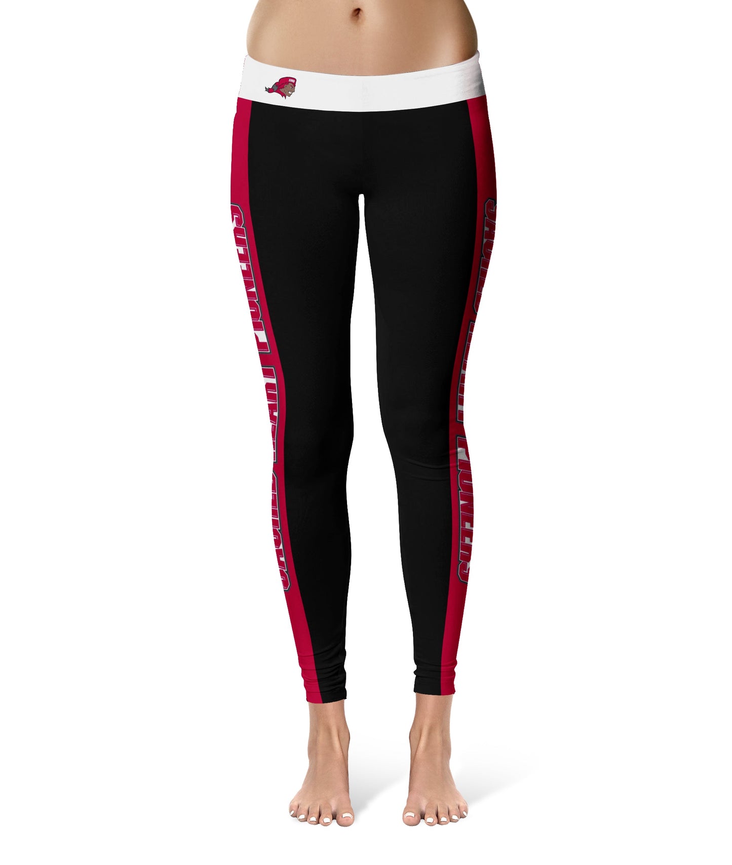 SHU Sacred Heart Pioneers Vive La Fete Game Day Collegiate Red Stripes Women Black Yoga Leggings 2 Waist Tights