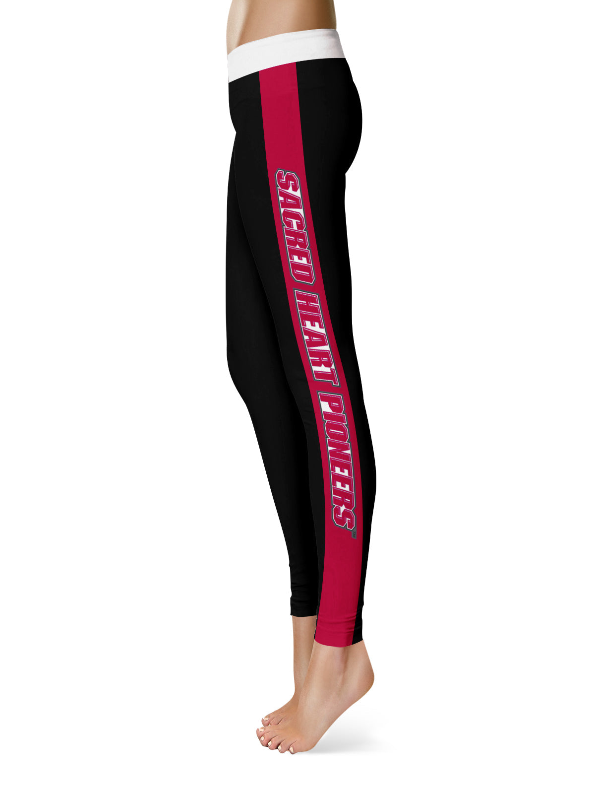 SHU Sacred Heart Pioneers Vive La Fete Game Day Collegiate Red Stripes Women Black Yoga Leggings 2 Waist Tights