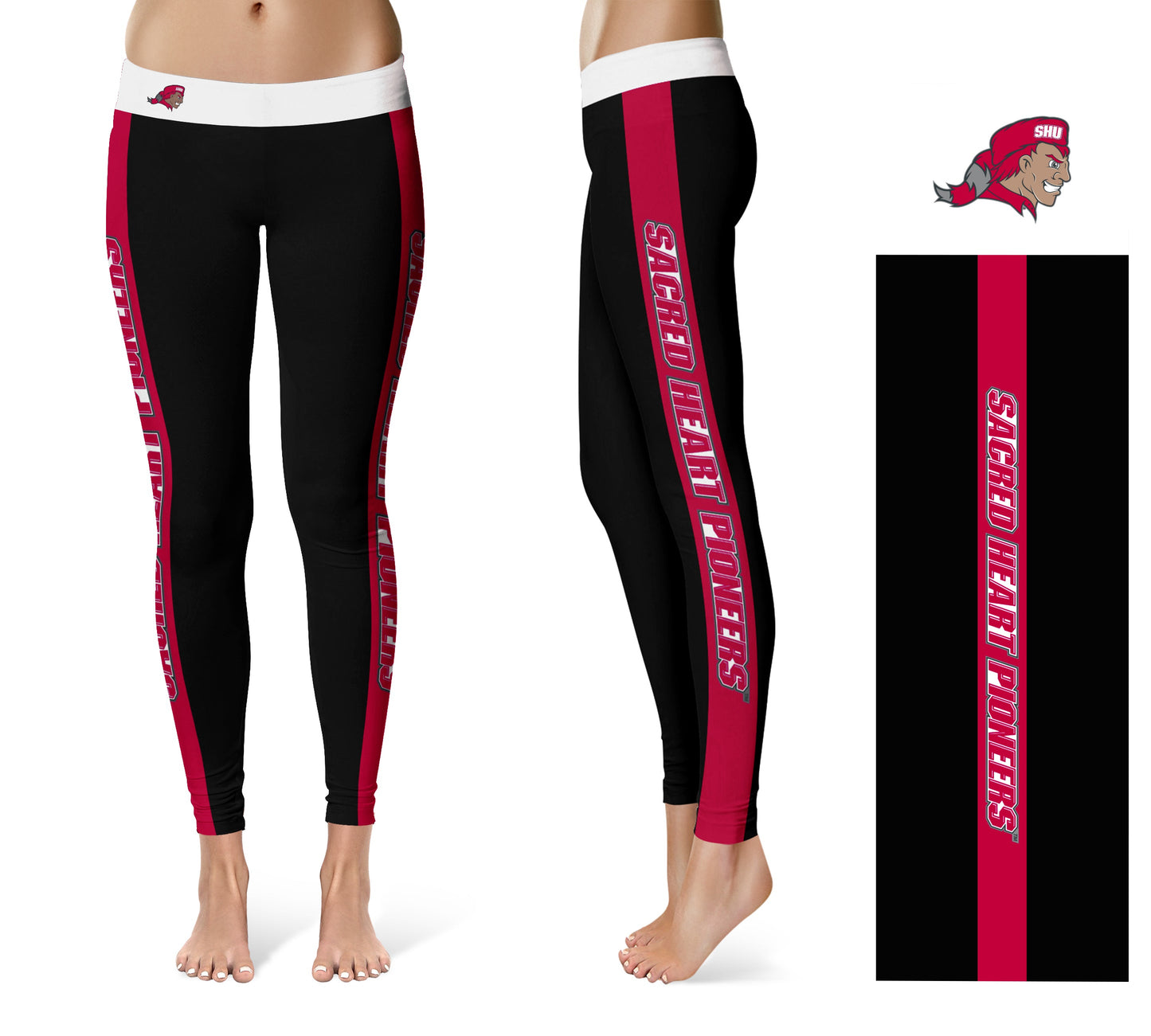 SHU Sacred Heart Pioneers Vive La Fete Game Day Collegiate Red Stripes Women Black Yoga Leggings 2 Waist Tights