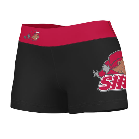 SHU Sacred Heart Pioneers Vive La Fete Logo on Thigh & Waistband Black & Red Women Yoga Booty Workout Shorts 3.75 Inseam