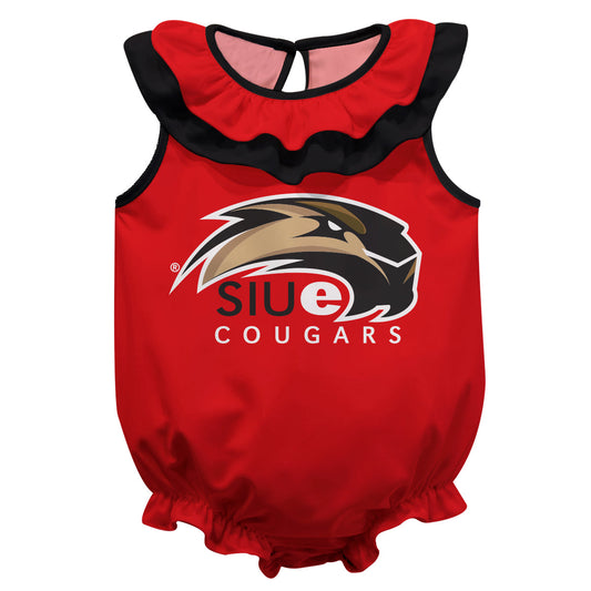 Southern Illinois University Cougars SIUE Red Sleeveless Ruffle One Piece Jumpsuit Logo Bodysuit by Vive La Fete