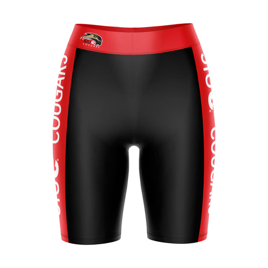 SIUE Cougars Vive La Fete Game Day Logo on Waistband and Red Stripes Black Women Bike Short 9 Inseam