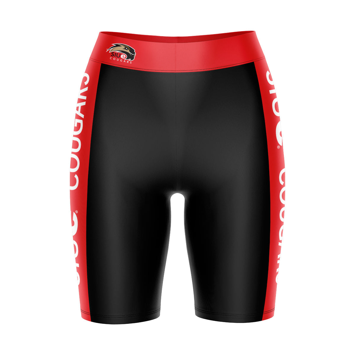 SIUE Cougars Vive La Fete Game Day Logo on Waistband and Red Stripes Black Women Bike Short 9 Inseam