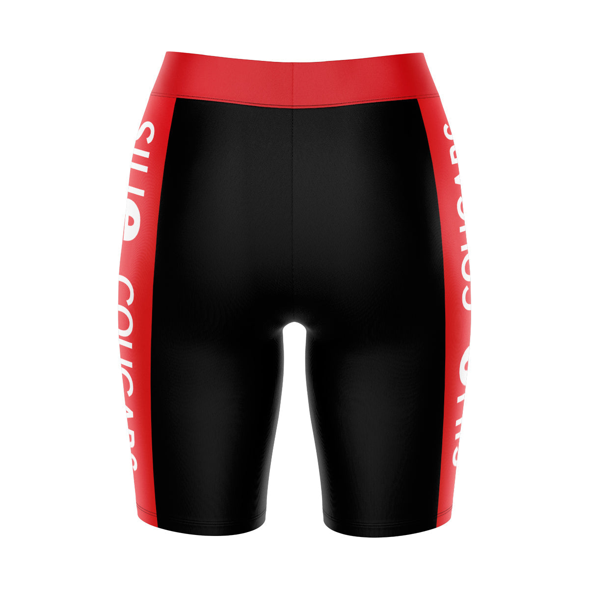 SIUE Cougars Vive La Fete Game Day Logo on Waistband and Red Stripes Black Women Bike Short 9 Inseam