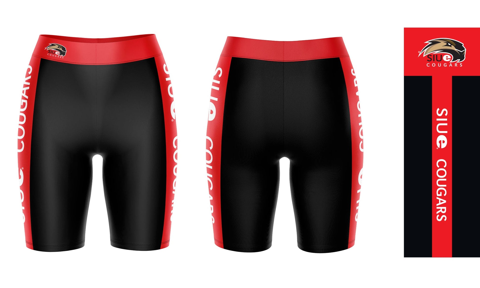 SIUE Cougars Vive La Fete Game Day Logo on Waistband and Red Stripes Black Women Bike Short 9 Inseam