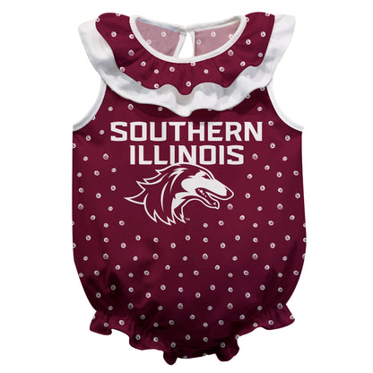 Southern Illinois Salukis SIU Swirls Maroon Sleeveless Ruffle One Piece Jumpsuit Logo Bodysuit by Vive La Fete