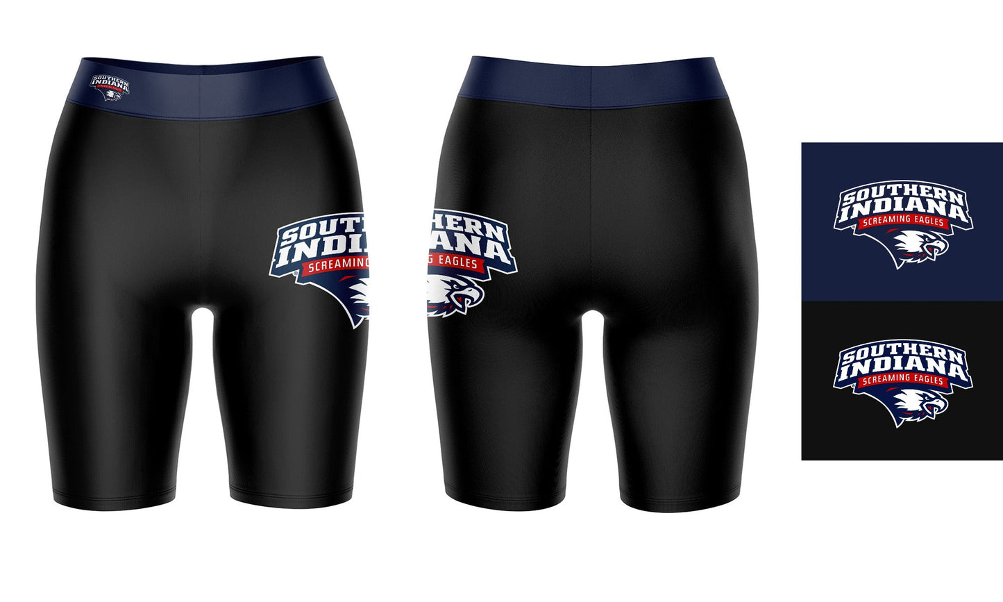 Southern Indiana Screaming Eagles USI Vive La Fete Logo on Thigh and Waistband Black and Blue Women Bike Short 9 Inseam"