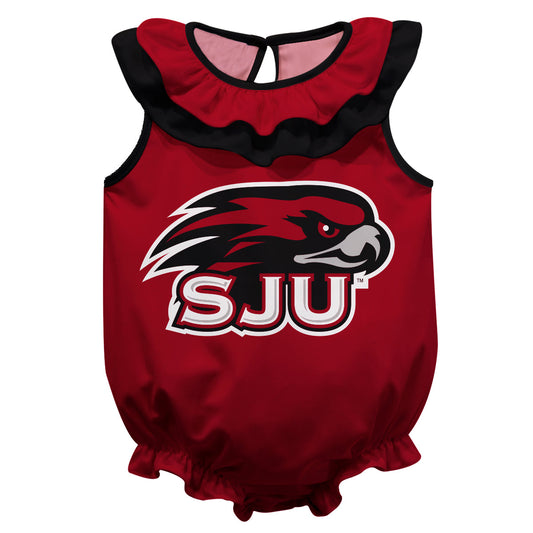 St. Joseph's Hawks Red Sleeveless Ruffle One Piece Jumpsuit Logo Bodysuit by Vive La Fete