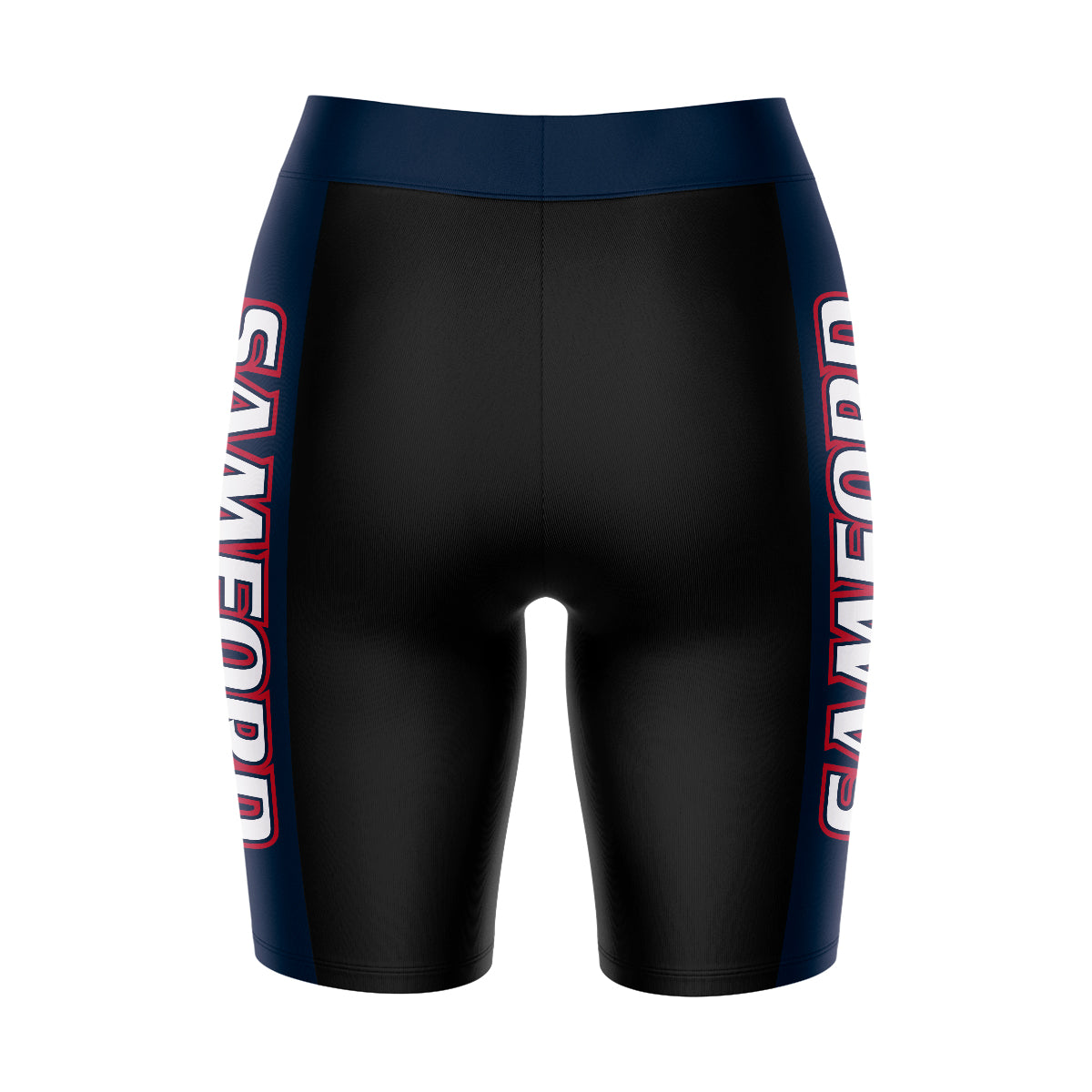 Samford Bulldogs Vive La Fete Game Day Logo on Waistband and Navy Stripes Black Women Bike Short 9 Inseam