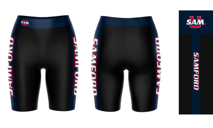 Samford Bulldogs Vive La Fete Game Day Logo on Waistband and Navy Stripes Black Women Bike Short 9 Inseam