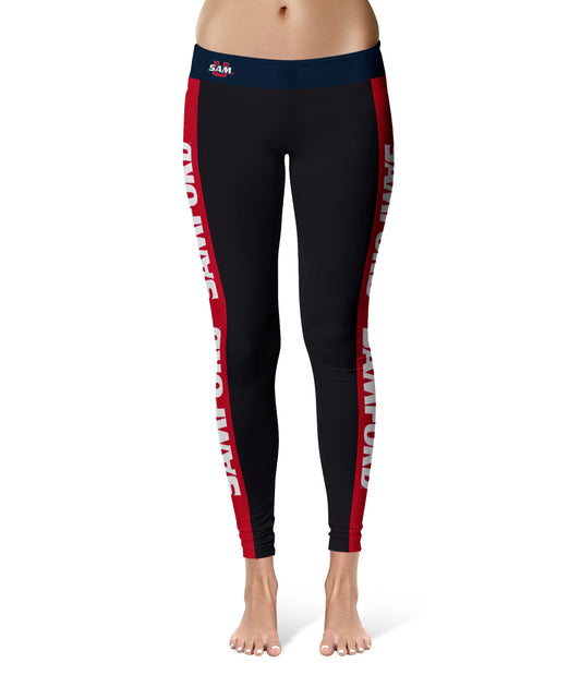 Samford University Bulldogs Vive La Fete Game Day Collegiate Red Stripes Women Black Yoga Leggings 2 Waist Tights