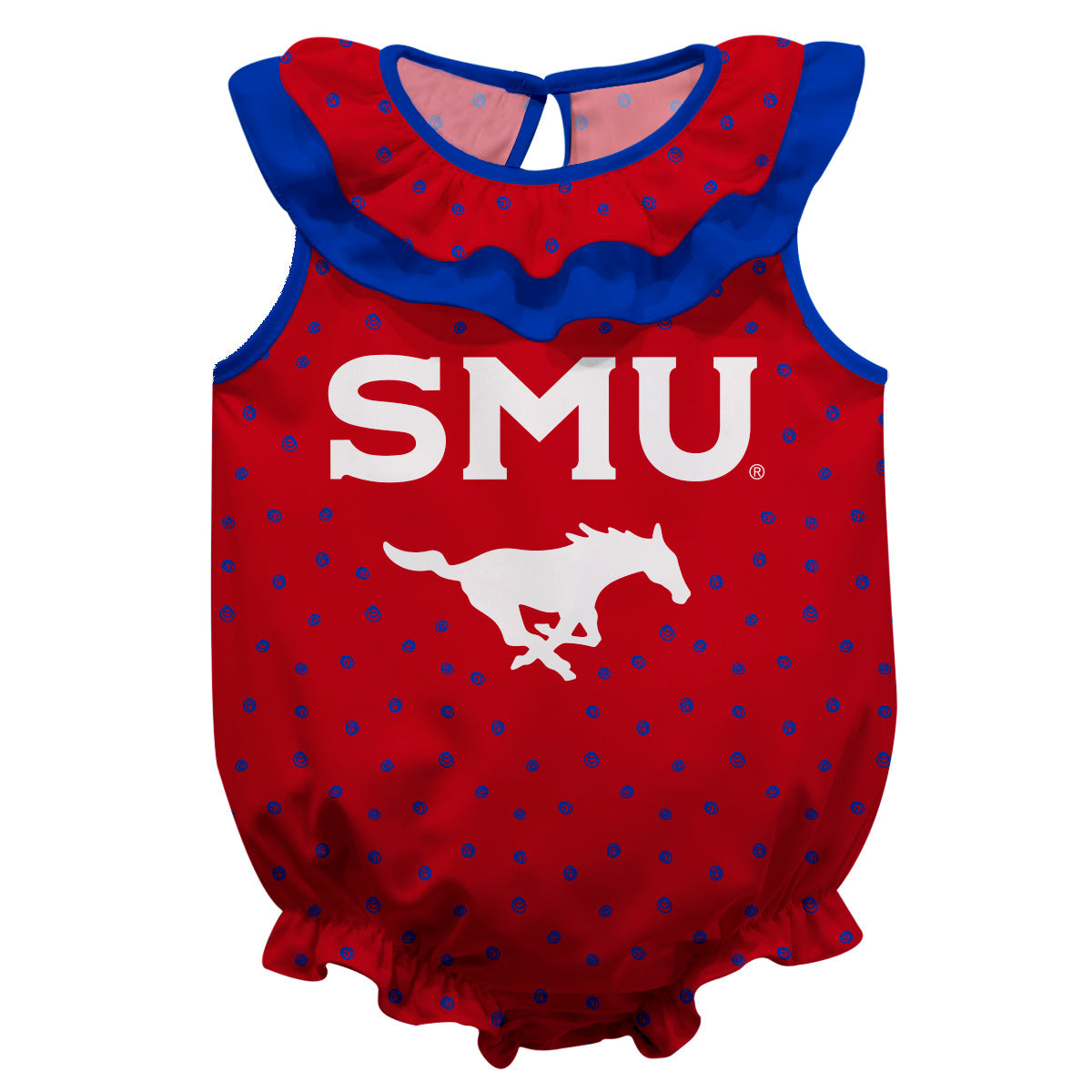 SMU Mustangs Swirls Red Sleeveless Ruffle One Piece Jumpsuit Logo Bodysuit by Vive La Fete