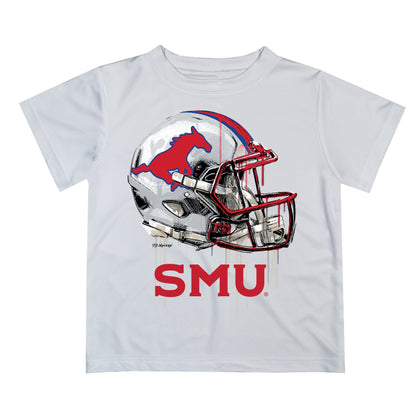 Southern Methodist Mustangs Original Dripping Football Helmet White T-Shirt by Vive La Fete