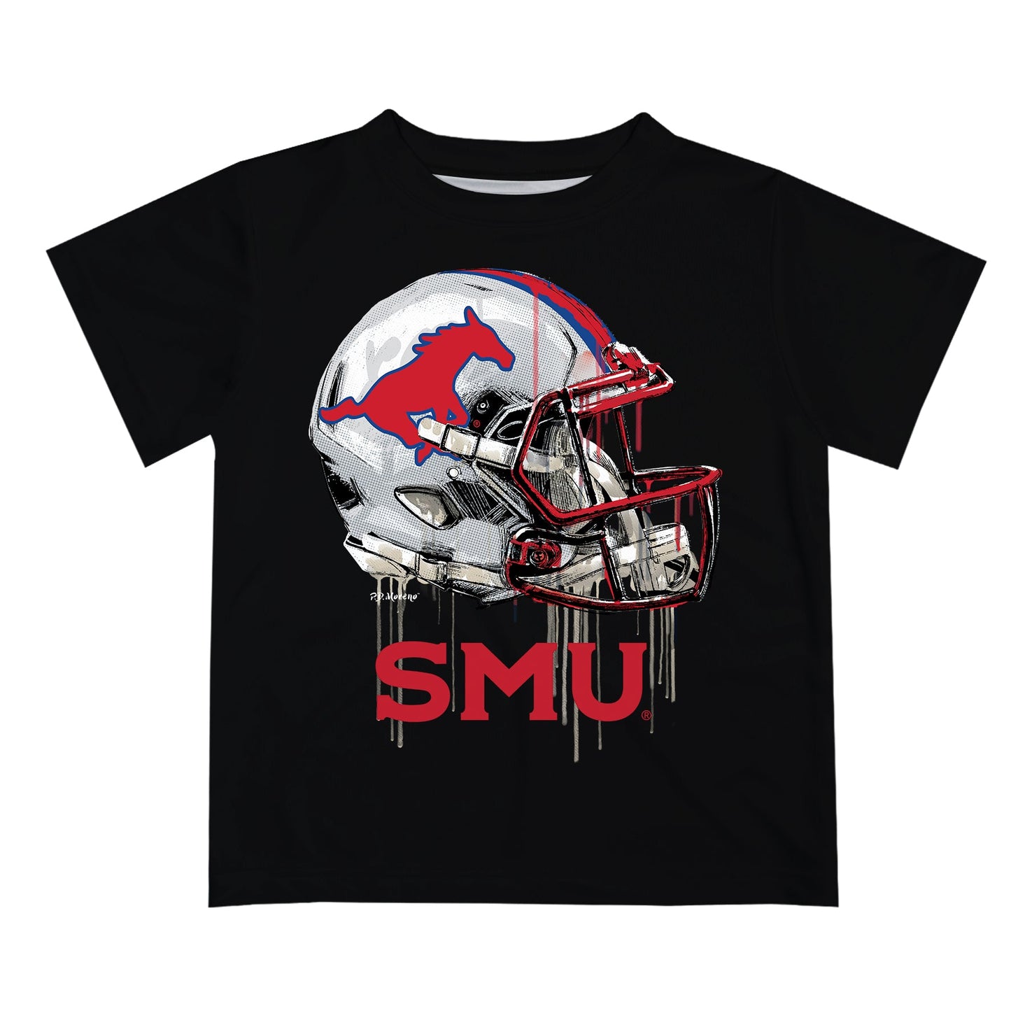 Southern Methodist Mustangs Original Dripping Football Helmet Black T-Shirt by Vive La Fete