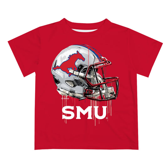 Southern Methodist Mustangs Original Dripping Football Helmet Red T-Shirt by Vive La Fete