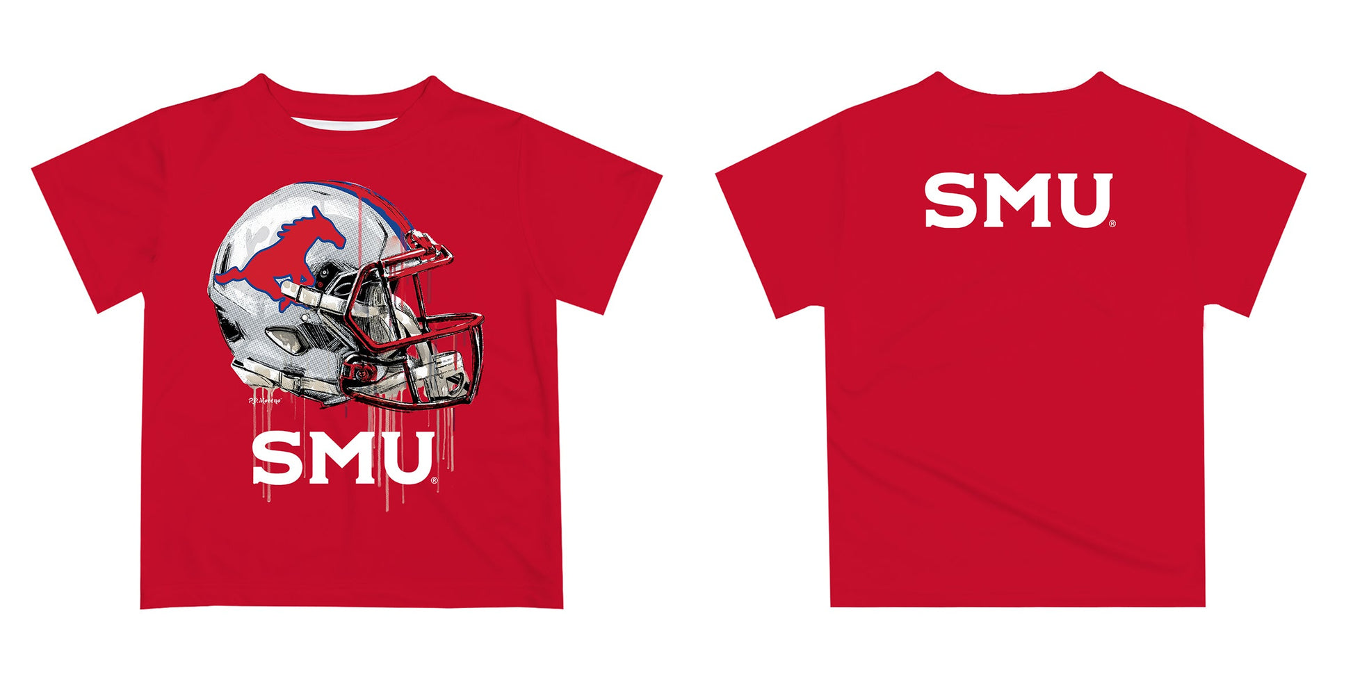 Southern Methodist Mustangs Original Dripping Football Helmet Red T-Shirt by Vive La Fete