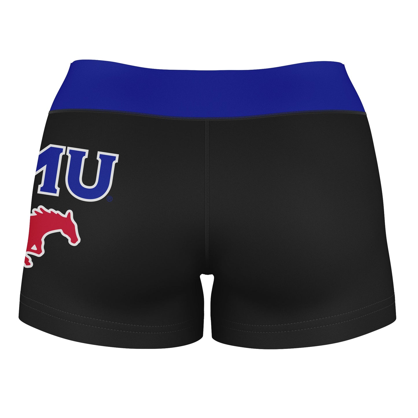 SMU Mustangs Vive La Fete Game Day Logo on Thigh and Waistband Black & Blue Women Yoga Booty Workout Shorts 3.75 Inseam" - Vive La F̻te - Online Apparel Store