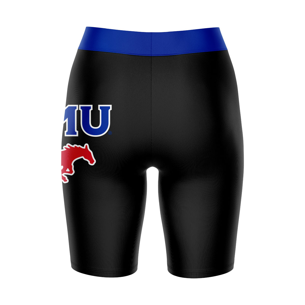 SMU Mustangs Vive La Fete Game Day Logo on Thigh and Waistband Black and Blue Women Bike Short 9 Inseam"