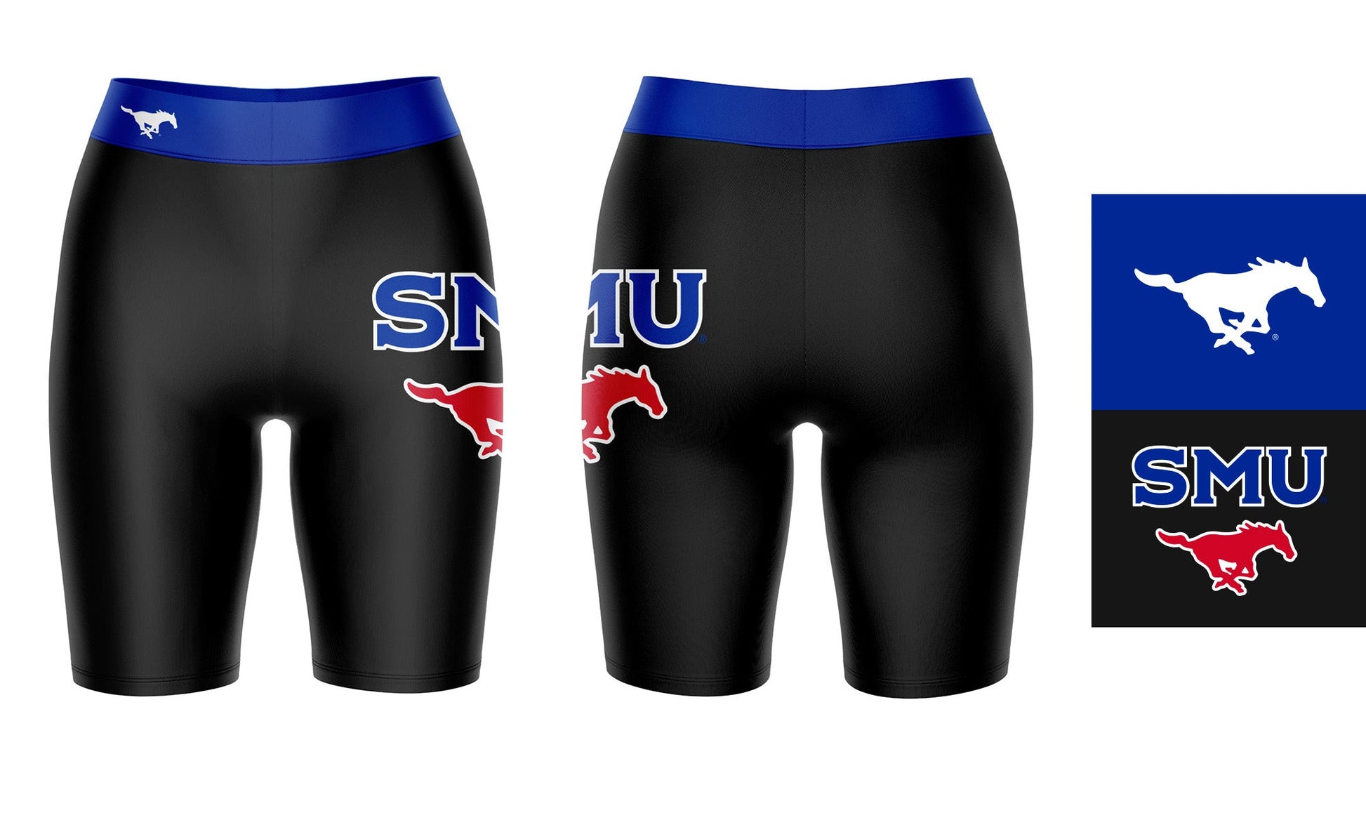 SMU Mustangs Vive La Fete Game Day Logo on Thigh and Waistband Black and Blue Women Bike Short 9 Inseam"