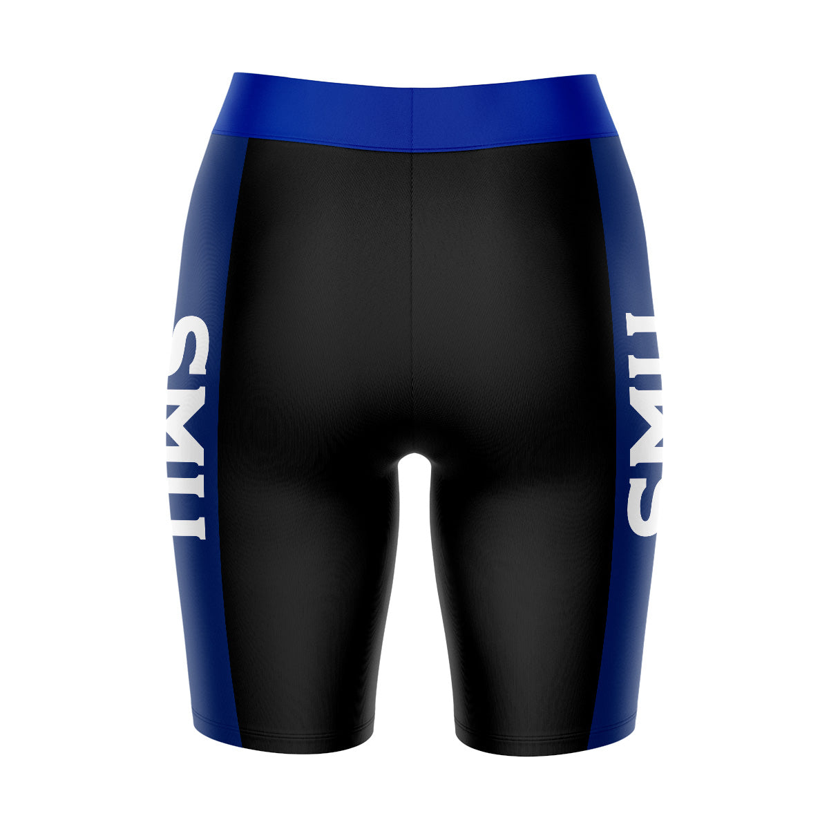 SMU Mustangs Vive La Fete Game Day Logo on Waistband and Blue Stripes Black Women Bike Short 9 Inseam