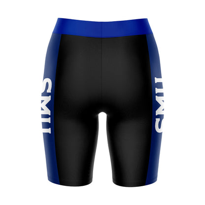 SMU Mustangs Vive La Fete Game Day Logo on Waistband and Blue Stripes Black Women Bike Short 9 Inseam