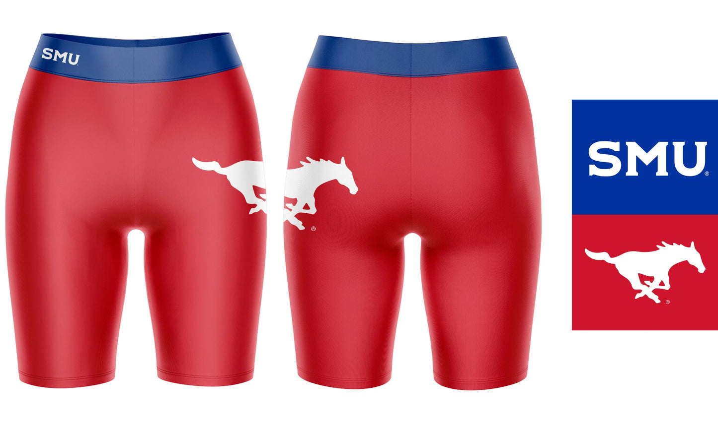 SMU Mustangs Vive La Fete Game Day Logo on Thigh and Waistband Red and Blue Women Bike Short 9 Inseam